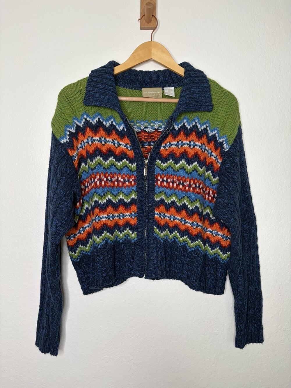 Vintage Liz Claiborne Knit Colorful Jacket Size Large Petite Eclectic Grandpa